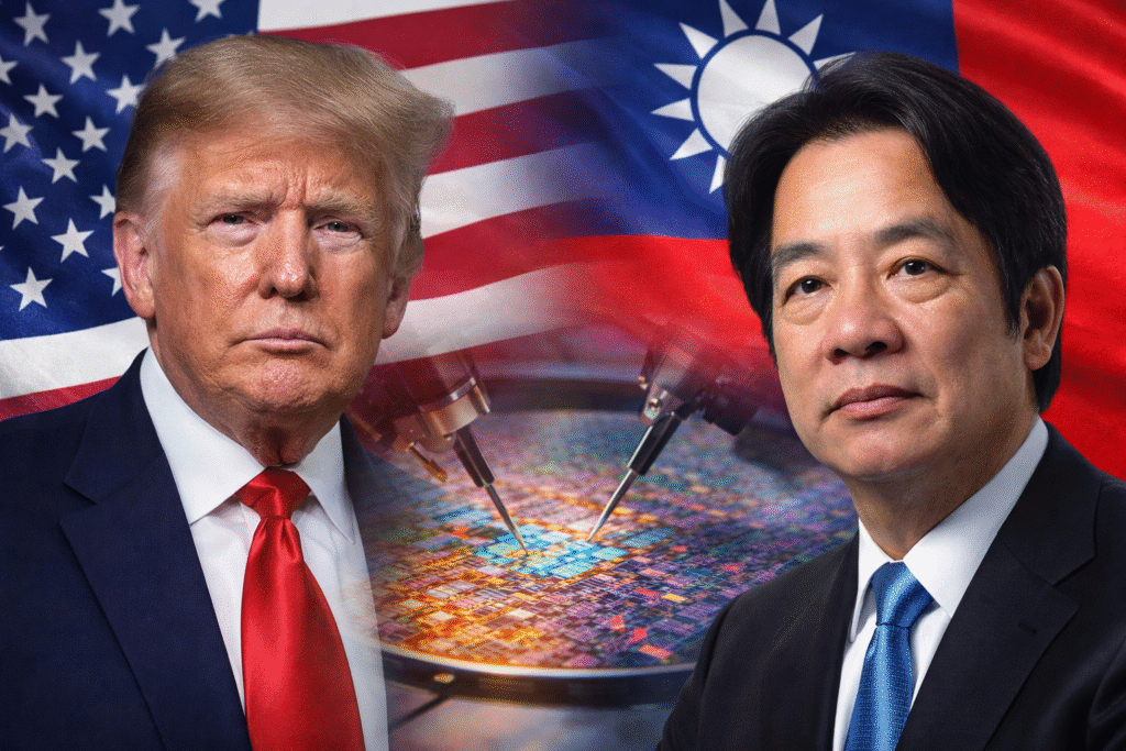 Composite image of President Donald Trump and Taiwan’s president flanking a semiconductor wafer, with U.S. and Taiwanese flags in the background symbolizing trade and technology ties.