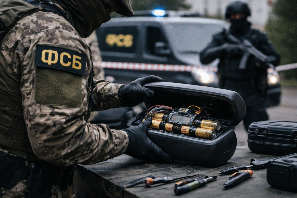 FSB officers examining an improvised explosive device concealed inside a portable speaker during a security operation, with police vehicles in the background.