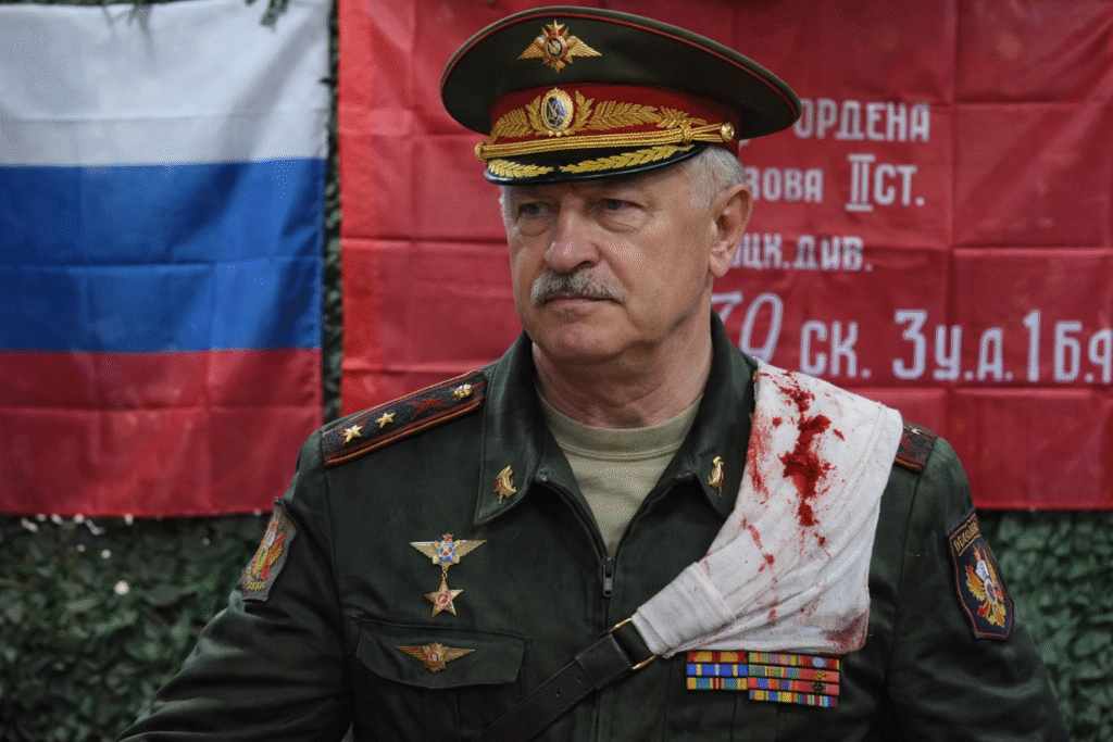 Russian military general in uniform standing before a Russian flag and red banner, wearing medals and a shoulder bandage after an attack.