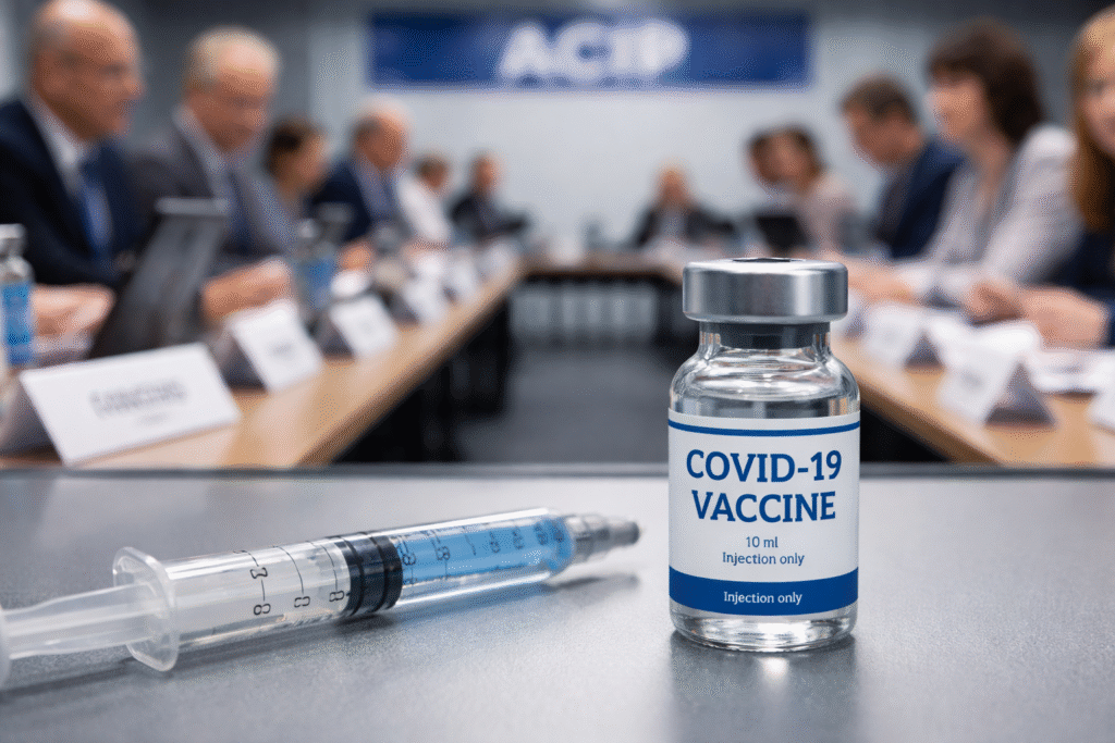 Vial labeled COVID-19 vaccine and syringe on a table with a blurred advisory committee meeting in the background.