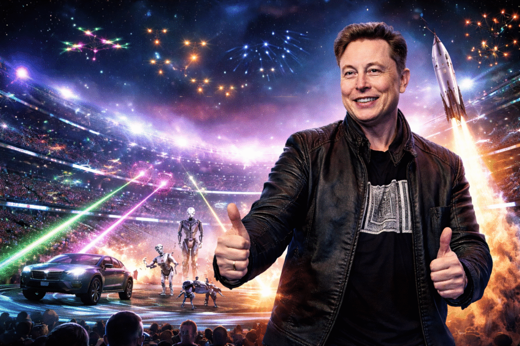 Elon Musk in a stadium setting with drones, lasers, robots, a rocket launch, and a futuristic vehicle during a Super Bowl-style halftime spectacle.