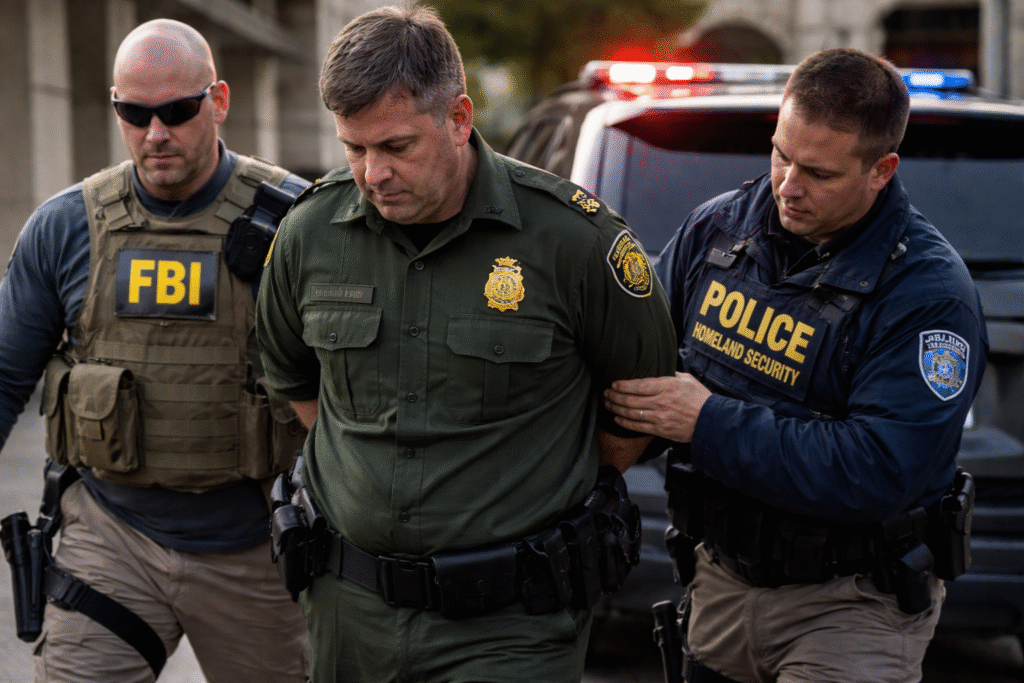 Border Patrol supervisor in uniform being escorted in handcuffs by federal agents beside a police vehicle with emergency lights.