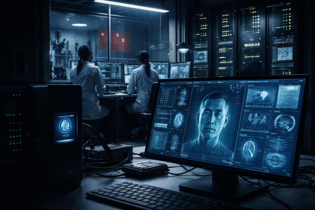High-tech research laboratory with biometric facial recognition screens, data servers, and scientists working at computer terminals under blue lighting.