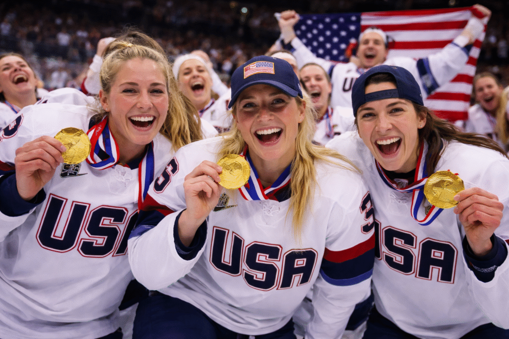 Members of the US women’s hockey team celebrate on the ice holding gold medals, wearing white USA jerseys with teammates cheering and an American flag in the background.