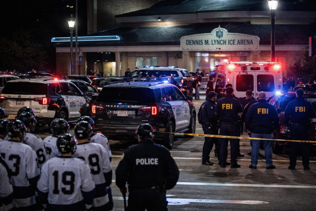 Police and emergency vehicles outside an ice arena at night as officers and hockey players gather near the scene of a shooting investigation.
