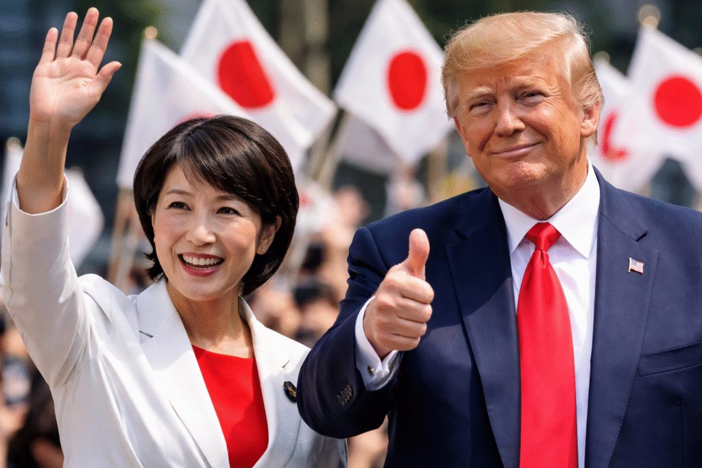 Japanese Prime Minister Sanae Takaichi and President Donald Trump standing together, smiling and waving before Japanese flags during a public event.