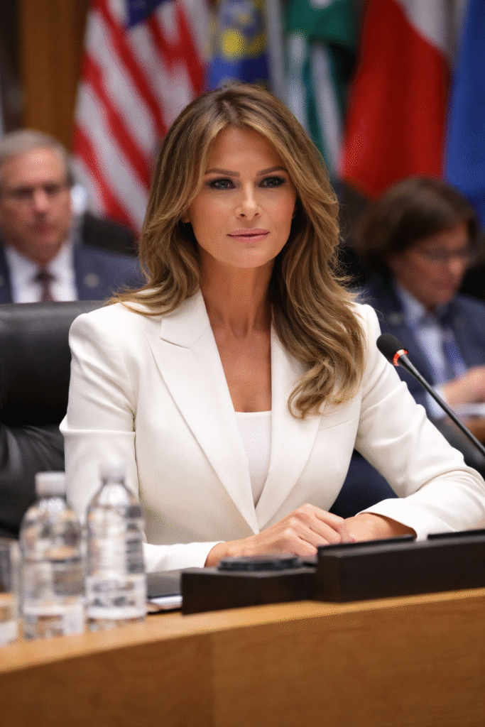 Melania Trump seated at the United Nations Security Council table, wearing a white blazer, with international flags visible in the background.