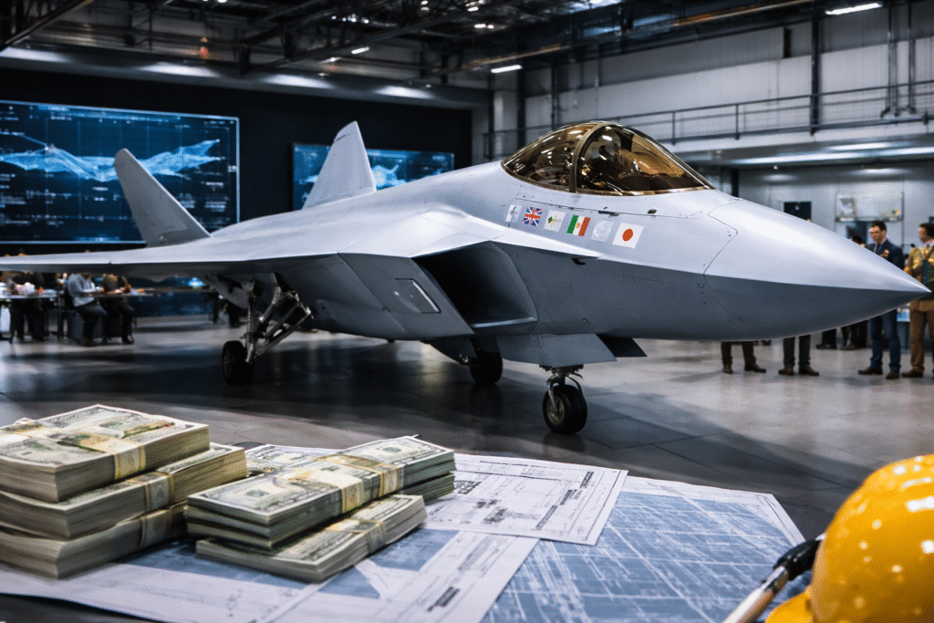 A mockup of a next-generation GCAP stealth fighter jet displayed inside an aircraft hangar with engineers, design schematics, and development materials visible nearby.