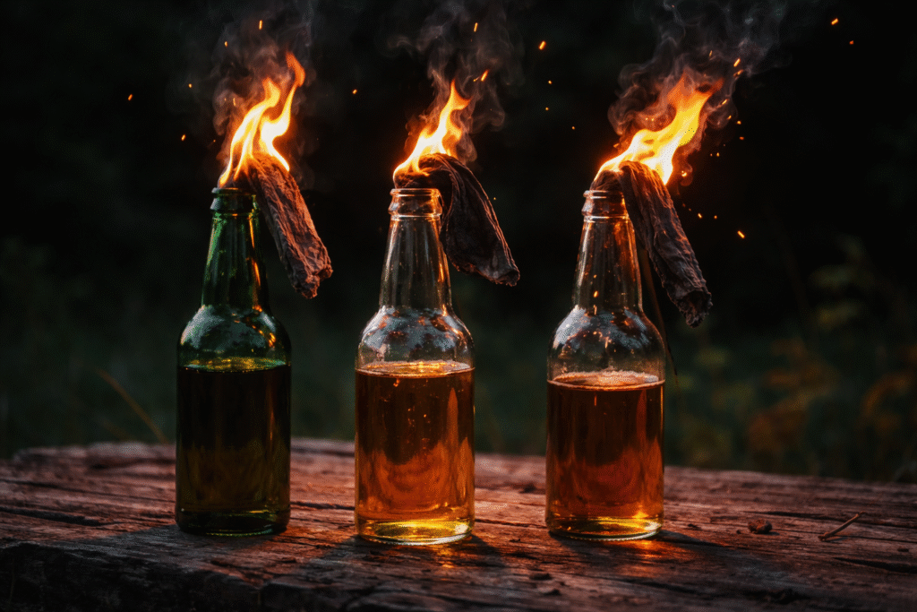 Three glass bottles filled with liquid fuel with cloth wicks burning at the top, arranged on a wooden surface in a dark outdoor setting