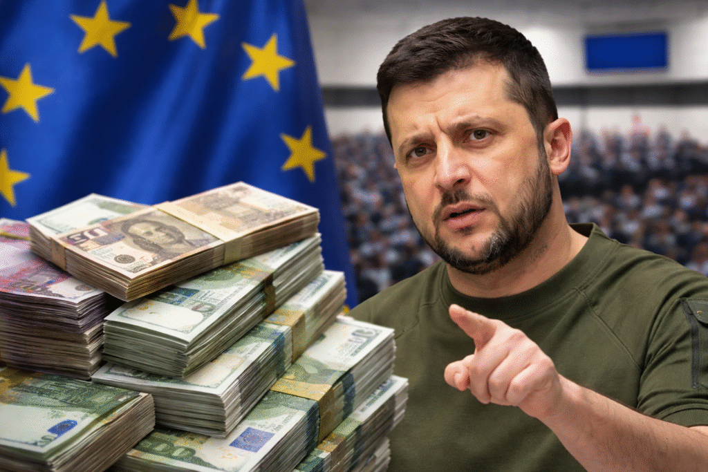 Volodymyr Zelensky speaking with a serious expression beside stacks of euro banknotes and an EU flag, symbolizing Ukraine’s request for financial support from the European Union.