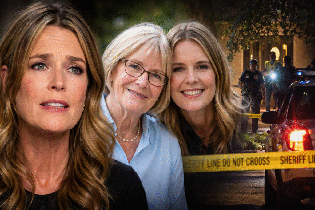 Composite news-style image showing Savannah Guthrie, Nancy Guthrie, and law enforcement outside a taped-off Arizona home during an abduction investigation.