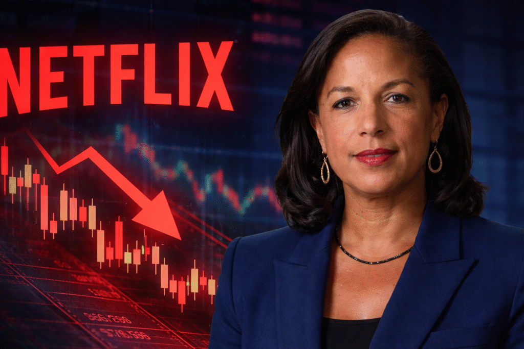 Susan Rice portrait beside downward stock chart and streaming media backdrop illustrating Netflix market decline and corporate controversy.