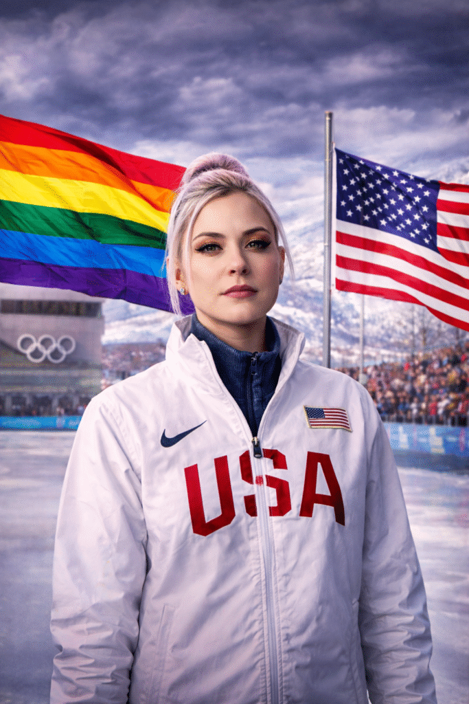 Figure skater standing at an outdoor Olympic venue wearing a white USA jacket, with the American flag and a rainbow pride flag behind her and snowy mountains in the background.