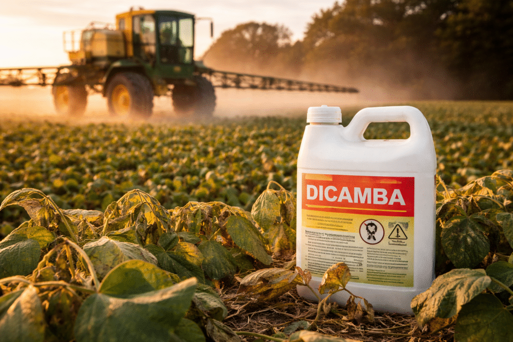 Agricultural sprayer applying pesticide over a soybean field with a dicamba container in the foreground and visible leaf damage on crops.