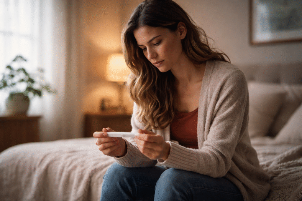 Young woman sitting on a bed in a softly lit room looking at a pregnancy test, appearing thoughtful and emotional in a private home setting.