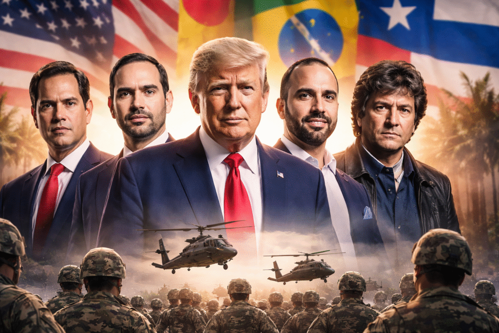 Group of Western Hemisphere political leaders standing before U.S. and Latin American flags with soldiers and helicopters below, symbolizing regional security cooperation and U.S. influence.
