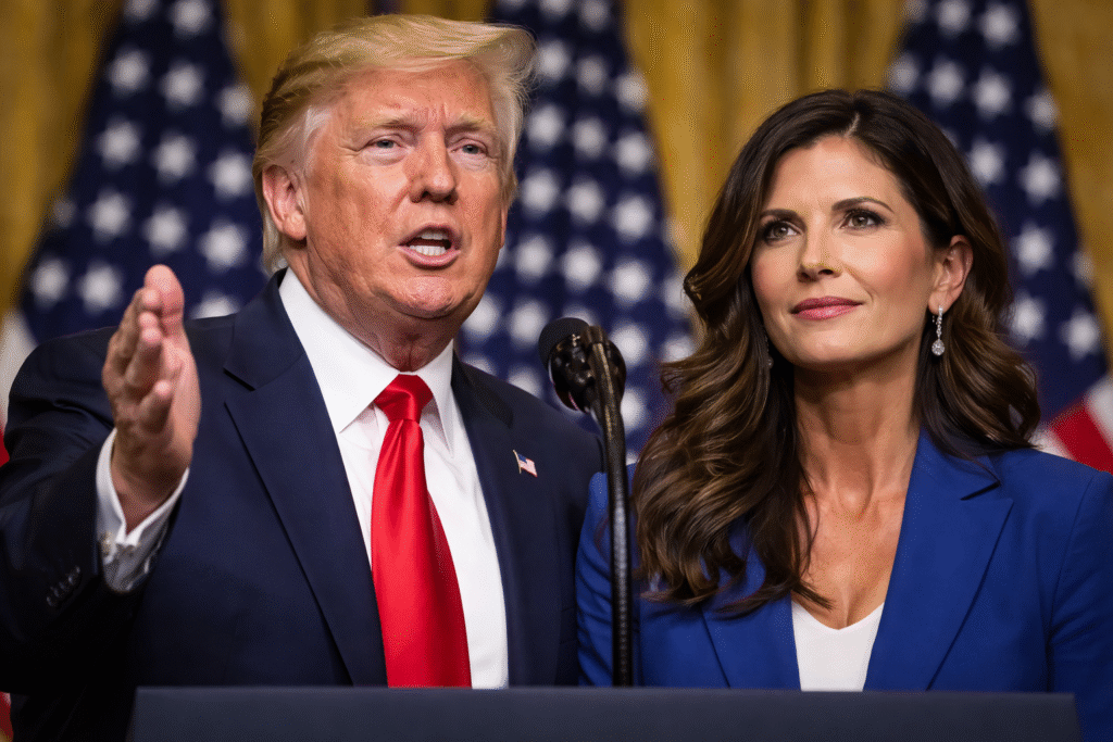 President Donald Trump speaking at a podium beside Kristi Noem during a press event, with U.S. flags visible in the background.
