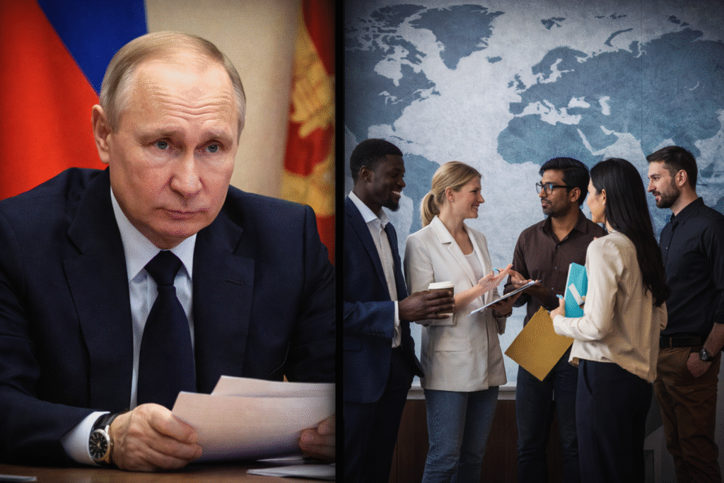 Russian President seated at a desk reviewing documents, alongside a group of international professionals gathered in front of a world map discussing relocation and work opportunities.