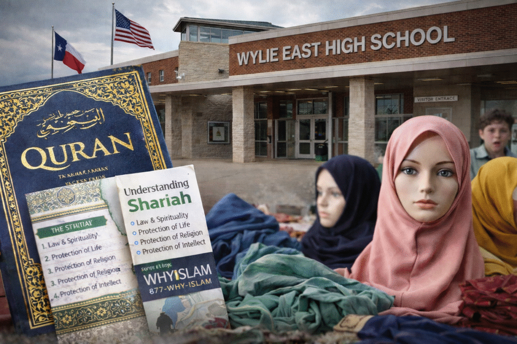 Exterior of a U.S. high school campus with religious pamphlets, a Quran, and folded headscarves displayed in the foreground while students stand nearby.