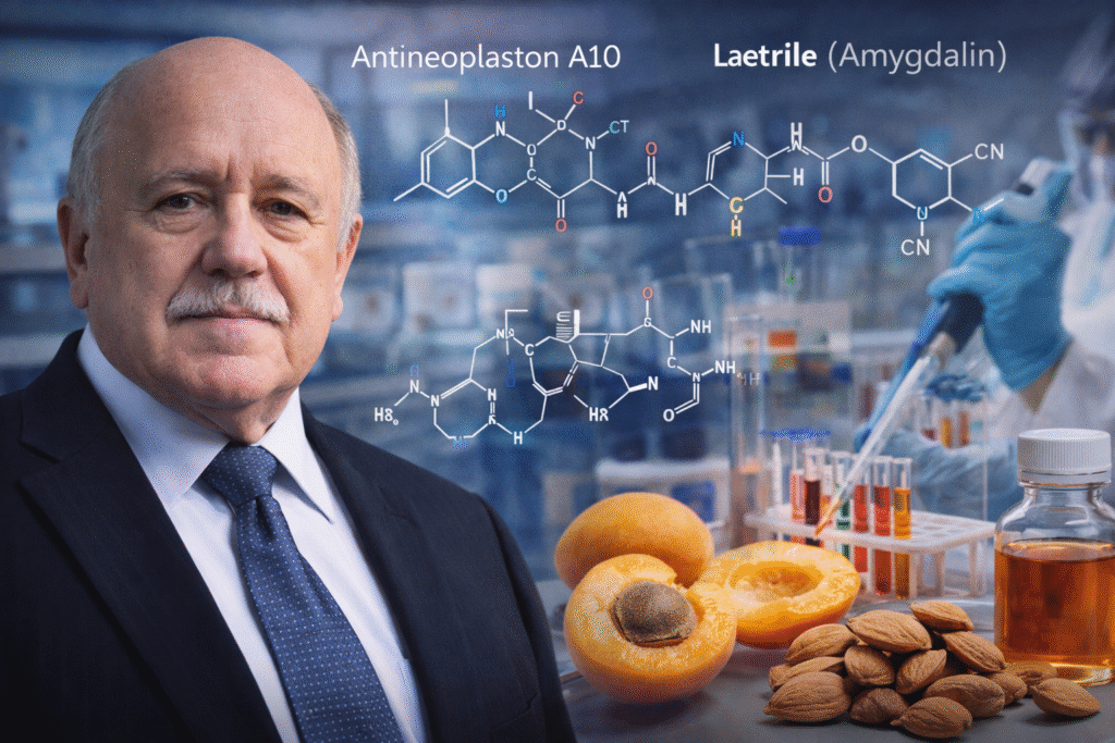Portrait of Dr. Stanislaw Burzynski in a laboratory setting with scientific equipment, apricot kernels, and research visuals related to antineoplaston and laetrile treatments.