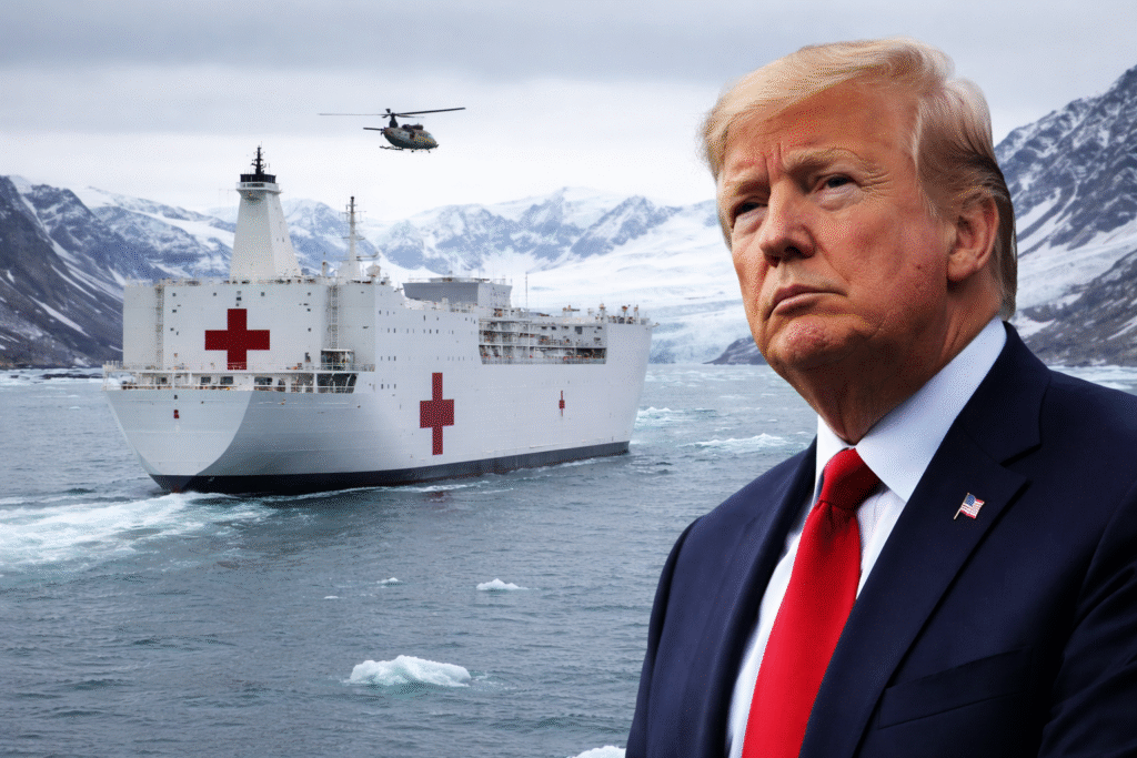 U.S. hospital ship sailing through icy Arctic waters near Greenland with snow-covered mountains in the background and President Donald Trump in the foreground.