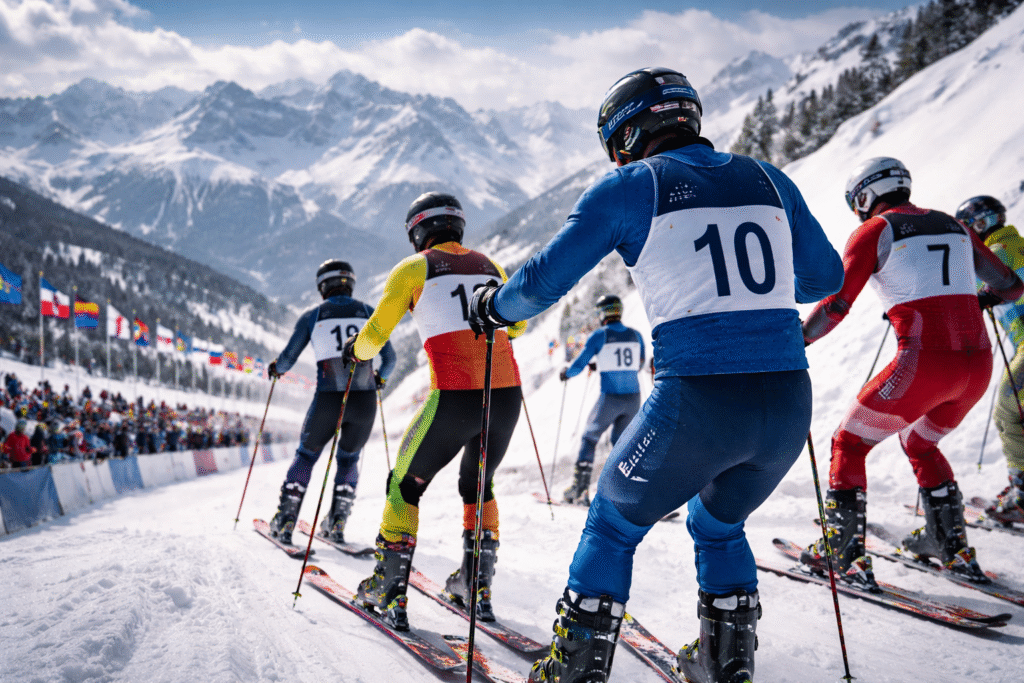 Alpine ski racers preparing at a snowy start line during a winter competition, with athletes in gear facing a mountain course and spectators in the background.