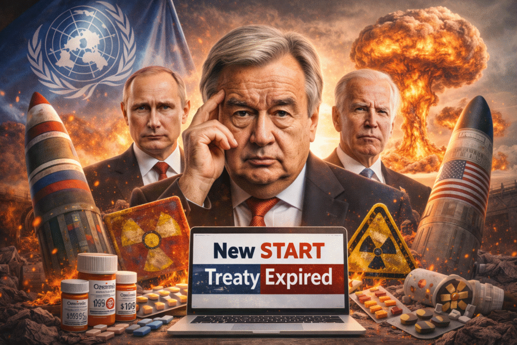 Composite illustration of global leaders with missiles and nuclear imagery, symbolizing rising tensions and nuclear risk after the expiration of a major arms control treaty.