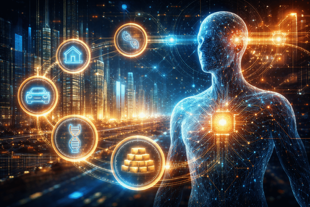 Glowing digital human figure with illuminated circuitry in the chest, standing before a futuristic city skyline, surrounded by floating holographic icons representing a house, car, DNA strand, gold bars, and data connections linked by bright network lines.