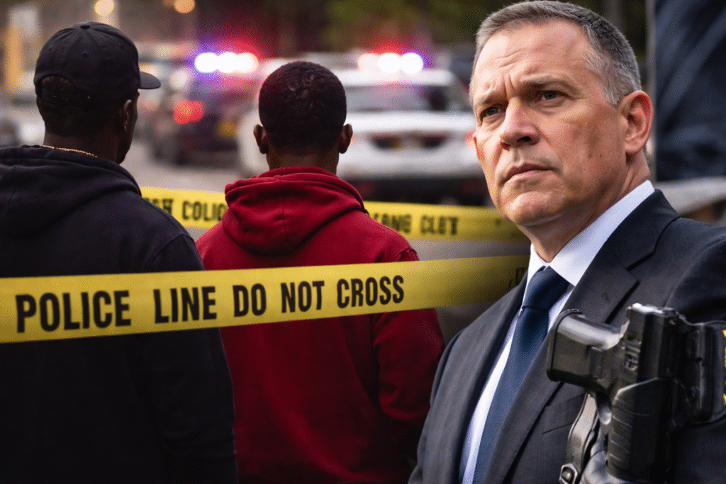 Police tape at a city crime scene with two men standing nearby and a suited prosecutor in the foreground, emergency lights visible in the background.