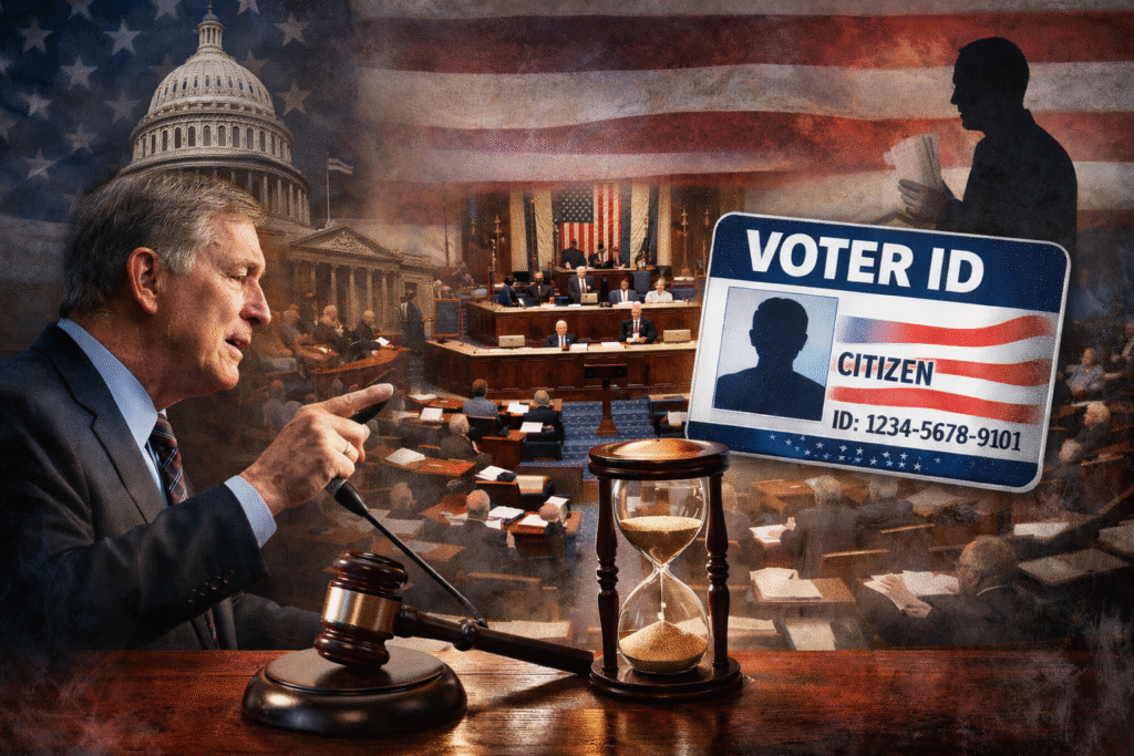 U.S. Senate chamber during debate, with a senator speaking at a microphone, Capitol dome and American flag backdrop, hourglass and generic voter ID card in foreground.