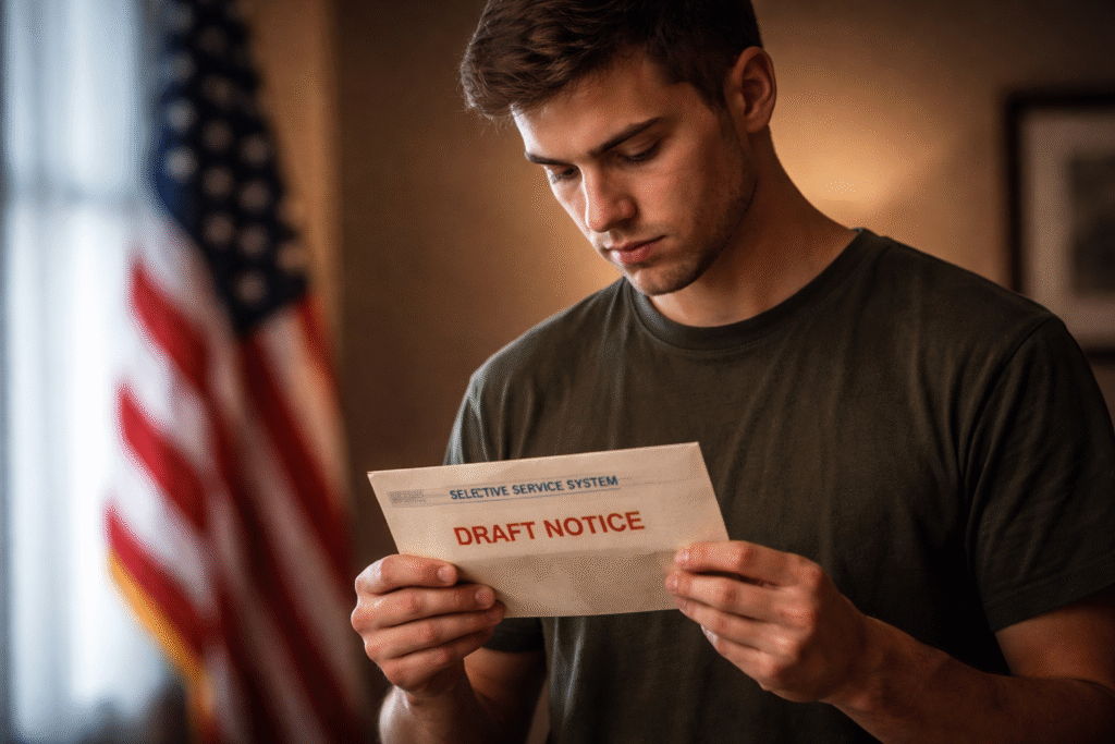 Young adult holding a draft notice with an American flag in the background, symbolizing military conscription debate in the United States.