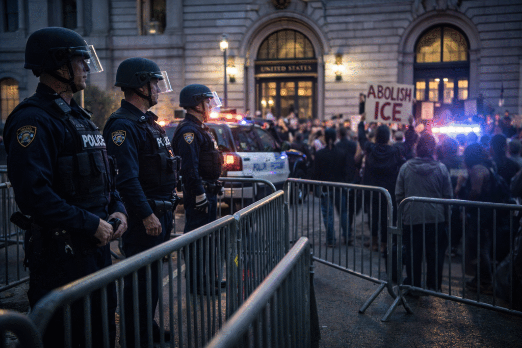 Realistic photo showing police officers standing near a government building during a protest related to immigration enforcement.