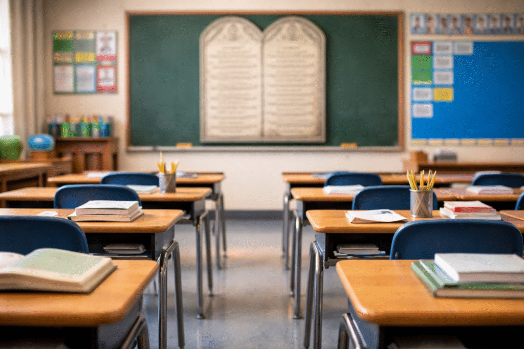 Empty classroom with a blurred wall display resembling a Ten Commandments-style poster, symbolizing legal debate over religious content in schools.