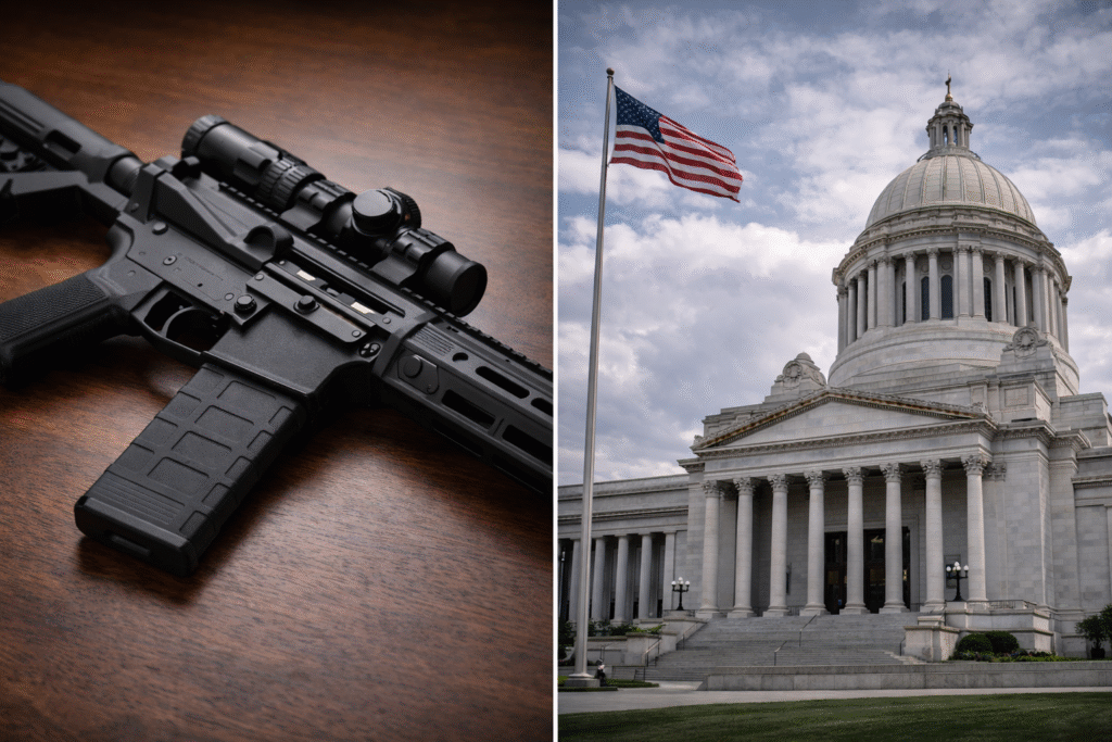 State capitol building and firearm imagery symbolizing debate over proposed assault weapons ban legislation.