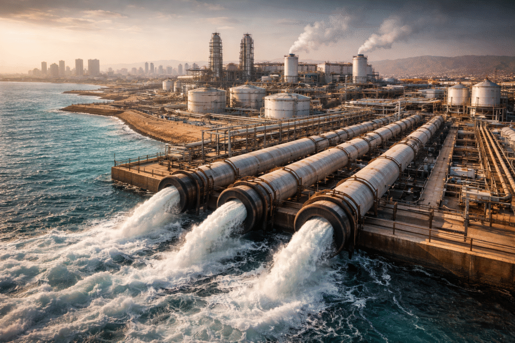 A large coastal desalination plant with industrial pipes extending into the sea, illustrating critical water infrastructure in an arid Middle Eastern environment.