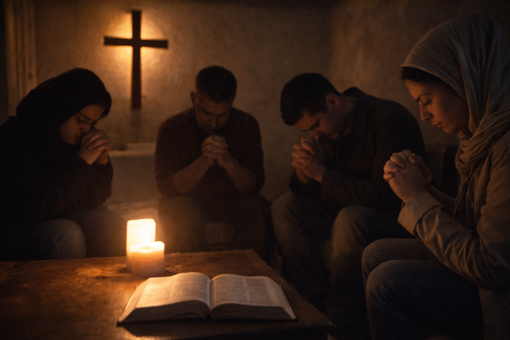 Small group of Christian believers praying quietly in a dimly lit room, representing underground house churches in Iran where faith gatherings often occur in secrecy.