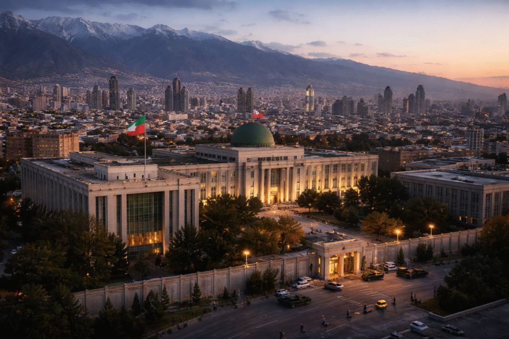 Skyline of Tehran with government buildings visible under evening light.