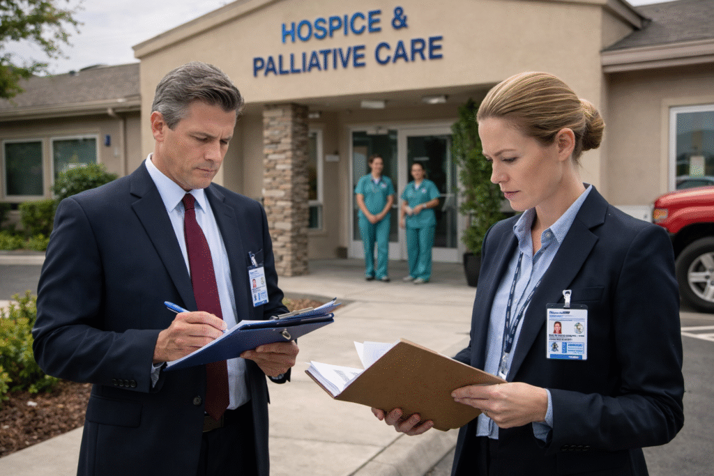A realistic image showing a healthcare facility with officials reviewing documents outside, symbolizing an investigation into medical billing practices.