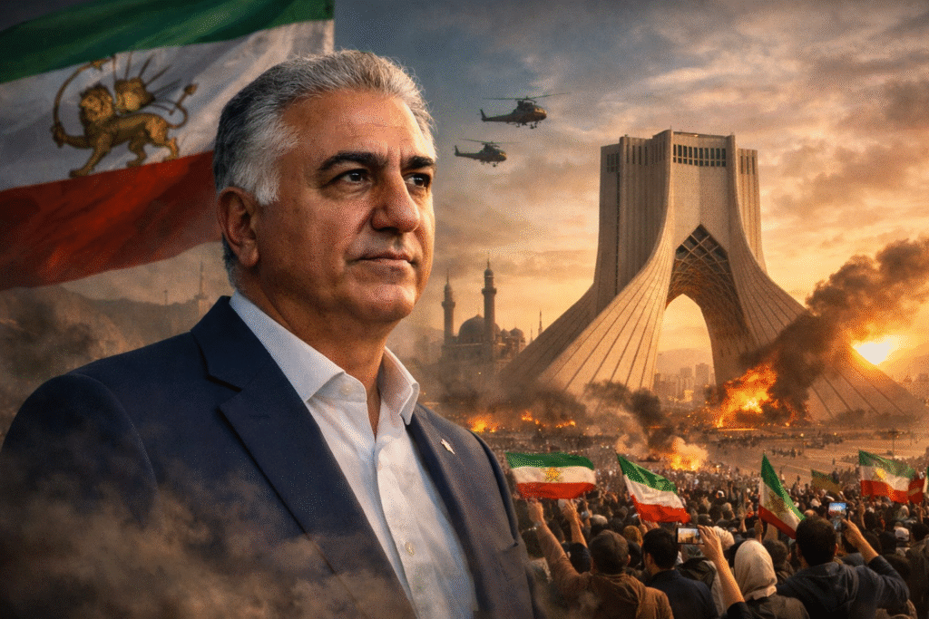 Reza Pahlavi standing in the foreground with the Azadi Tower in Tehran behind him as crowds wave Iranian flags amid smoke, fires, and helicopters in the sky.