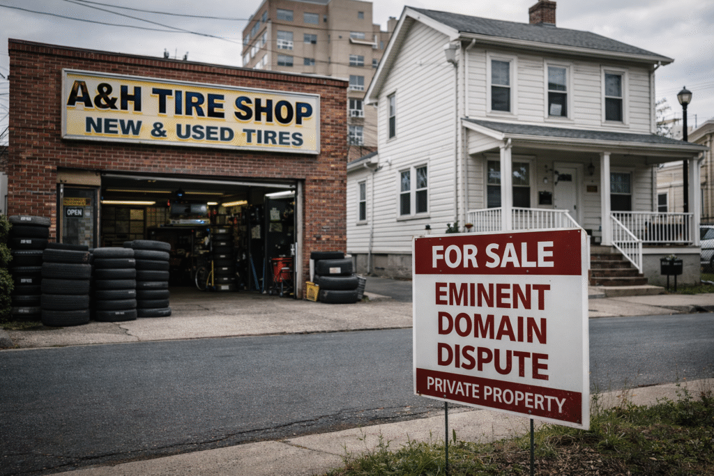 Small urban storefront and residential property symbolizing a legal dispute over eminent domain and private property rights.