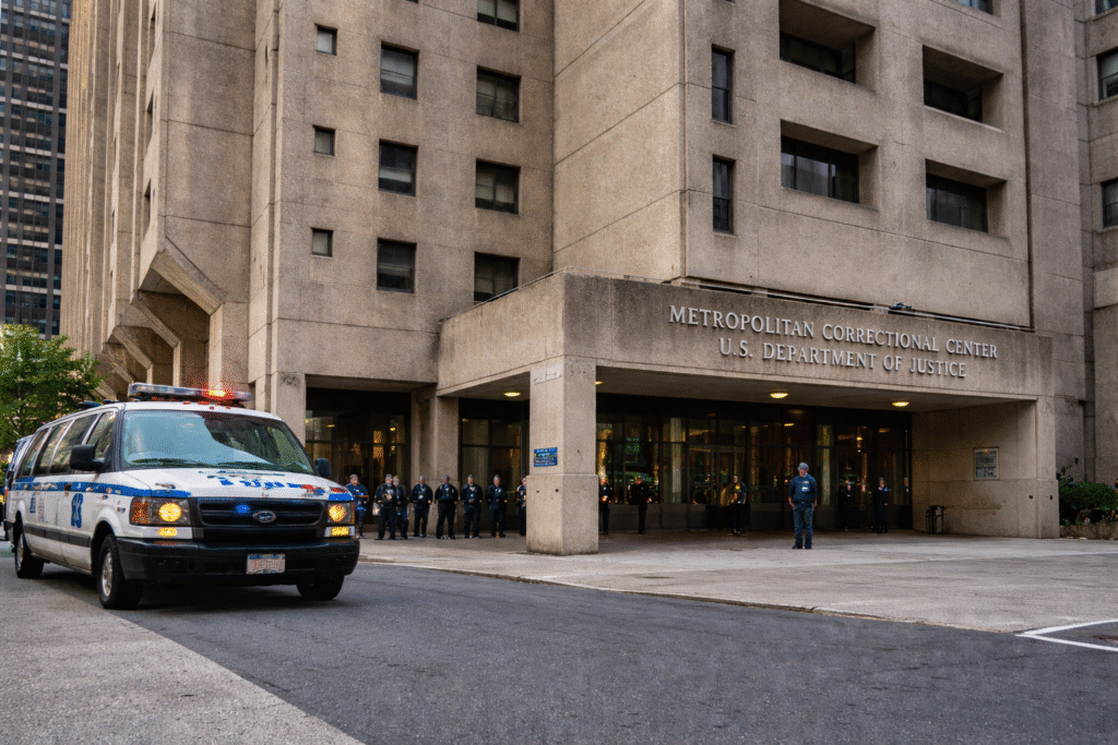Exterior view of the Metropolitan Correctional Center in Manhattan with police vehicles and officers outside the entrance.