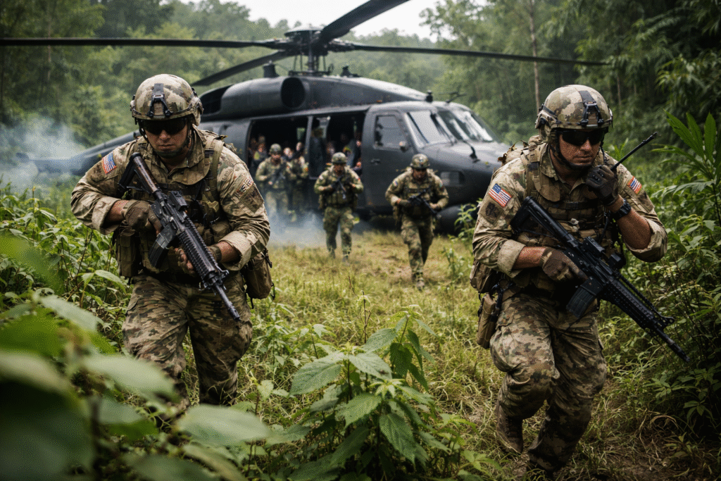 U.S. and allied soldiers deploying from a military helicopter during a joint counter-narcotics operation in a tropical jungle environment.