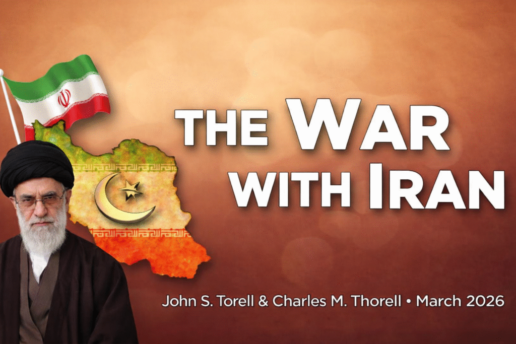 Portrait of Iran’s Supreme Leader beside a map of Iran with the Iranian flag above it and the headline “The War With Iran” on a warm orange background, dated March 2026.