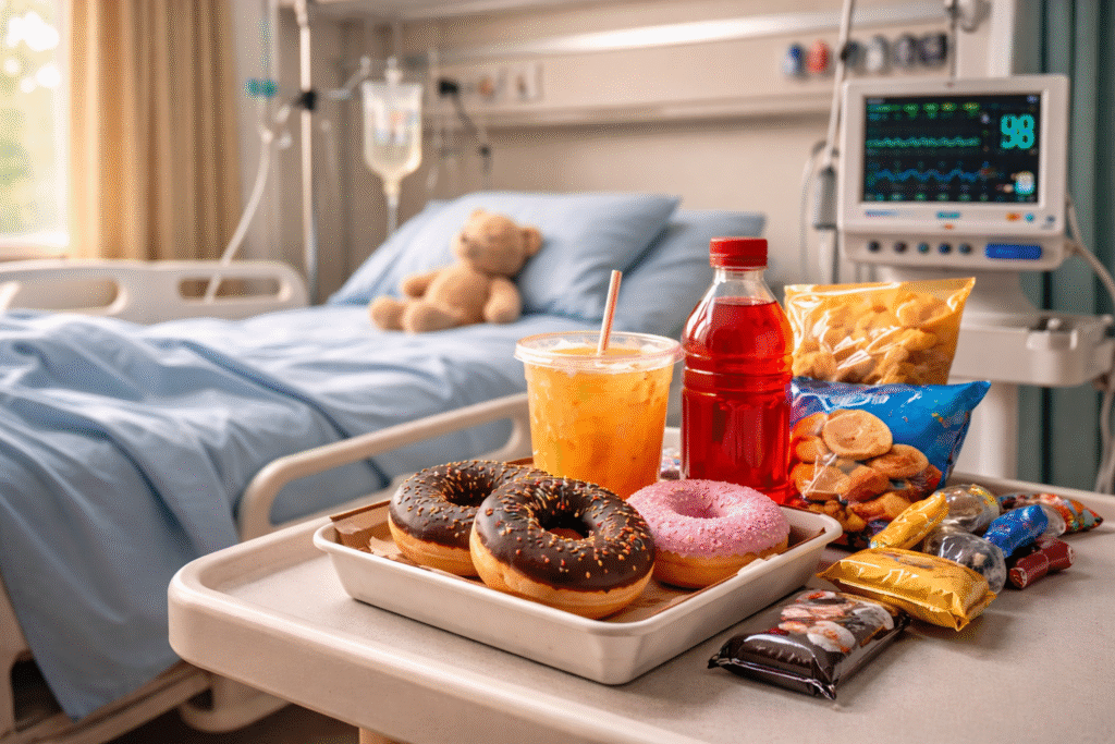 Hospital room with sugary snacks and drinks placed beside medical equipment, highlighting concerns about junk food in pediatric care settings.