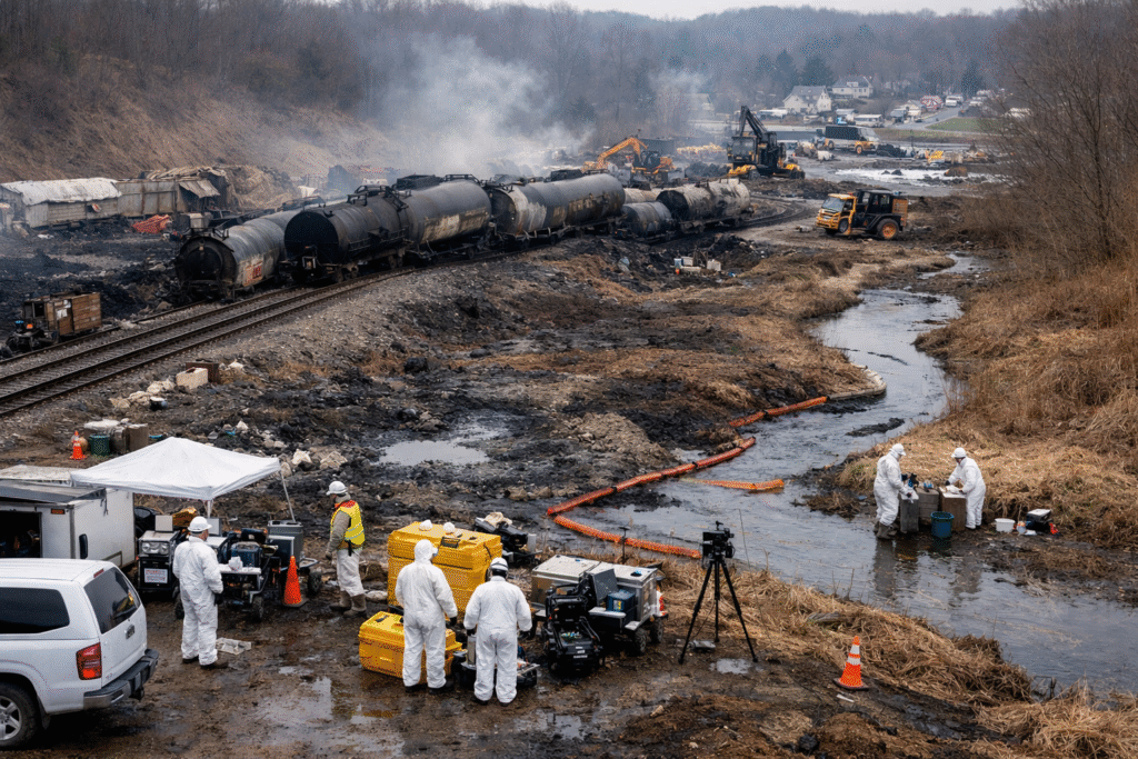 Cleanup crews and investigators examine the site of the East Palestine, Ohio train derailment where hazardous chemicals were released, with rail tankers and testing equipment visible near the contaminated area.