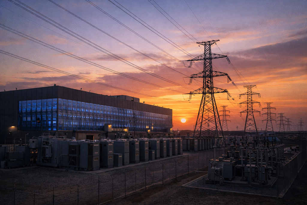Large modern data center facility connected to high-voltage electrical transmission lines symbolizing energy demand for AI infrastructure.
