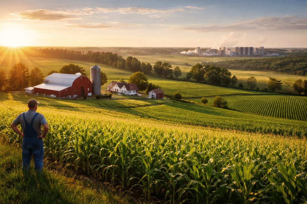 A wide rural farmland scene with crops and open fields, symbolizing agricultural land preserved amid growing pressure for industrial development.