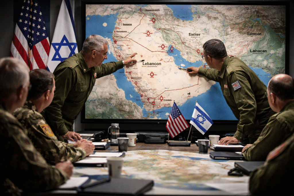 Photograph of a U.S. and Israeli military briefing with maps and regional flags in the background, representing shifts in strategy against Iran and its allied groups.
