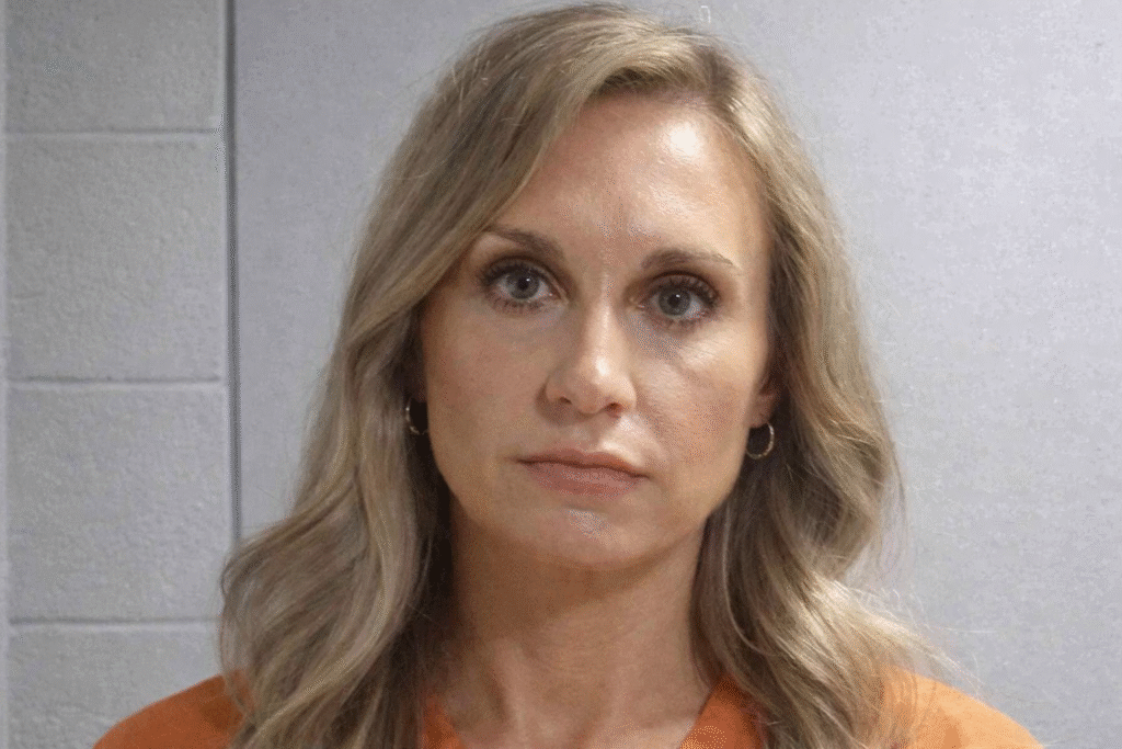 Portrait of a blonde woman with long wavy hair and light-colored eyes, wearing an orange top and small hoop earrings, facing the camera against a plain gray background.