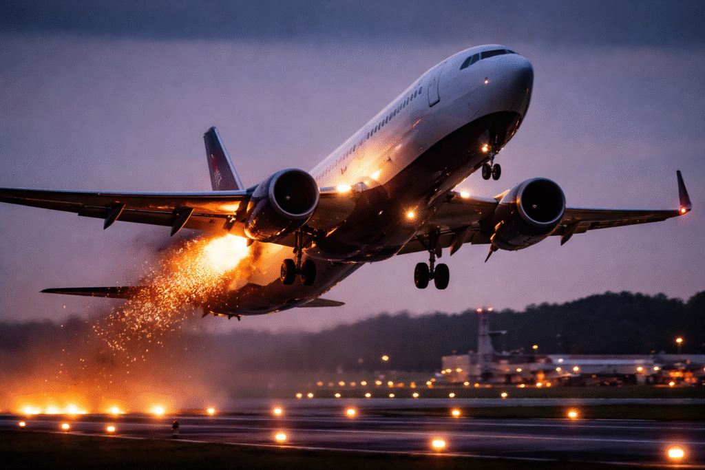 Commercial airplane taking off with visible flames and sparks from one engine, illustrating an in-flight mechanical failure and emergency situation.